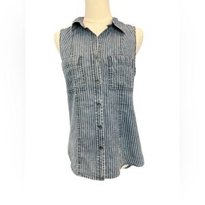 🆕 💙 NWT ROCK 🎸 & REPUBLIC Chambray Blue White Stripe Button-Up Shirt | Sz XS